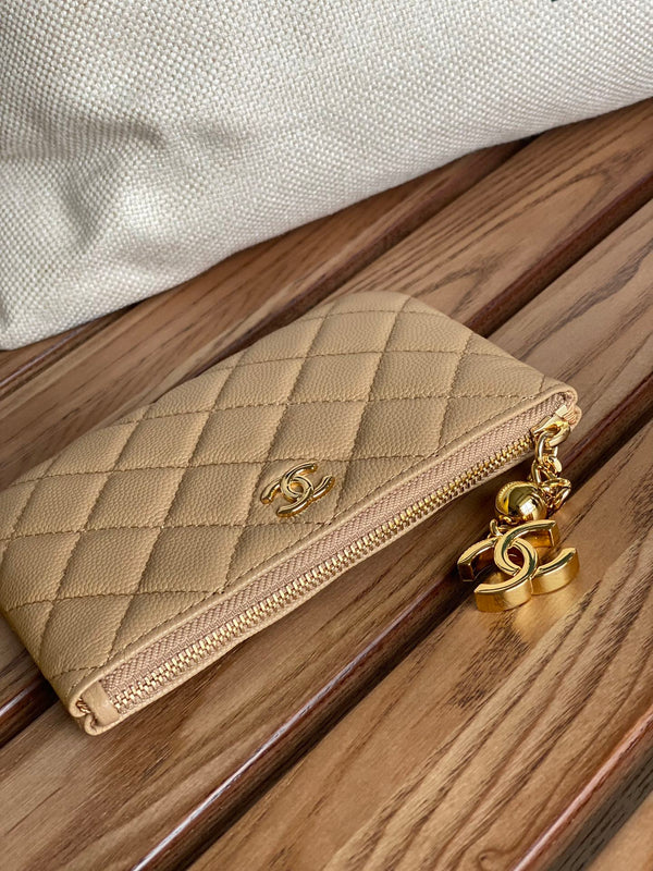 Portafoglio con cerniera cc 14 cm beige caviale hardware oro