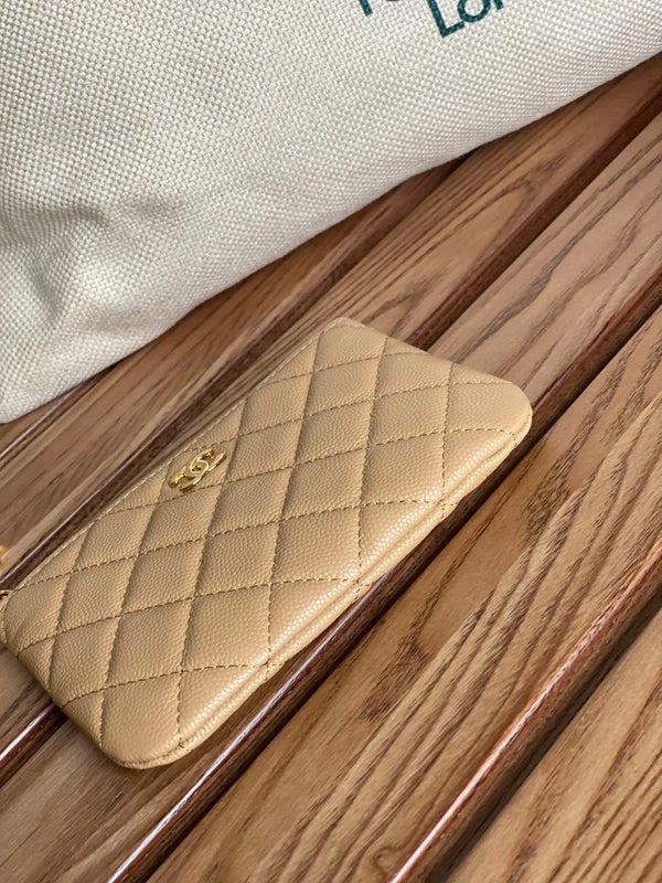 Portafoglio con cerniera cc 14 cm beige caviale hardware oro