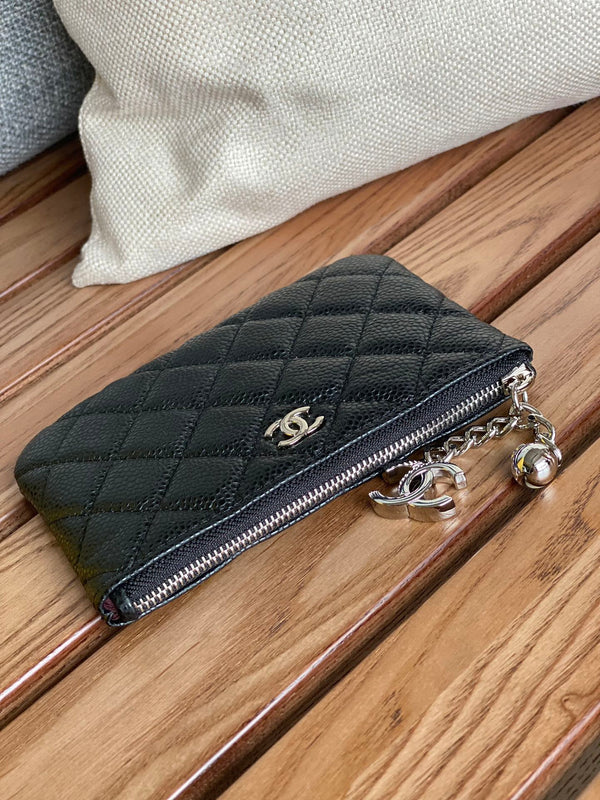 Portafoglio con cerniera cc 14 cm nero caviale hardware argento