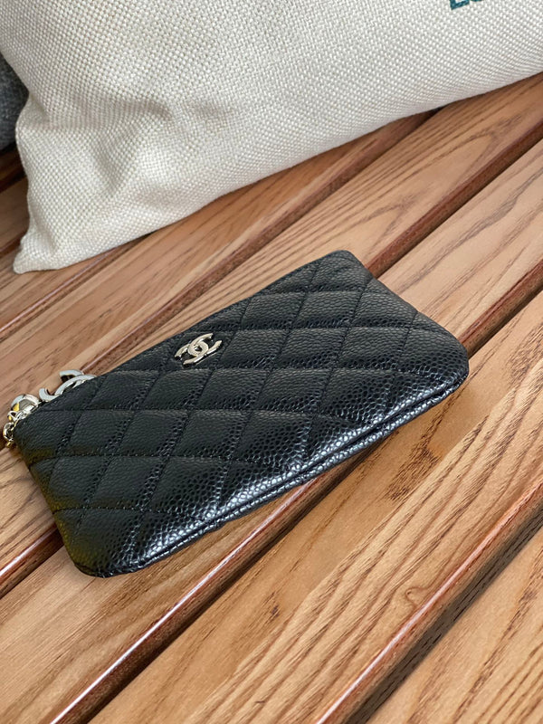 Portafoglio con cerniera cc 14 cm nero caviale hardware argento