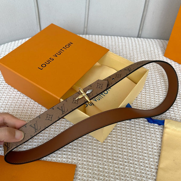 LV FLOWERGRAM 25 MM REVERSIBLE BELT IN BROWN MONOGRAM CALFSKIN GOLD MIX SILVER HARDWARE