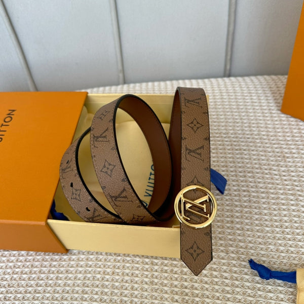 LV CIRCLE 25MM REVERSIBLE BELT MEDIUM BROWN MONOGRAM CALFSKIN GOLD HARDWARE