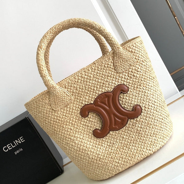 borsa a secchiello in paglia Teen Triomphe 23cm in rafia marrone vitello