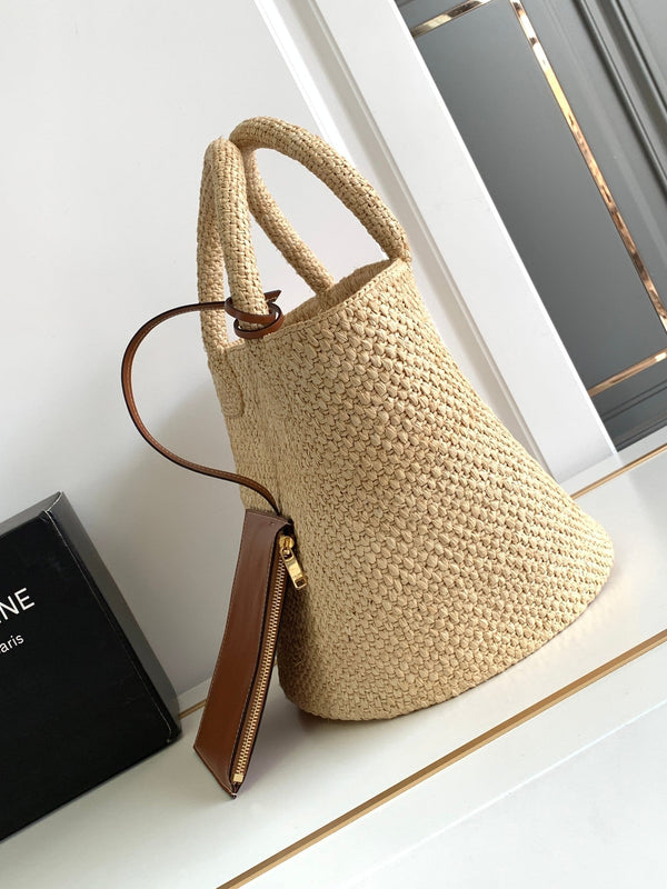 borsa a secchiello in paglia Teen Triomphe 23cm in rafia marrone vitello
