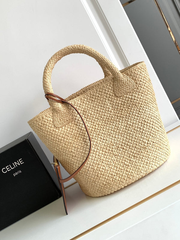 borsa a secchiello in paglia Teen Triomphe 23cm in rafia marrone vitello