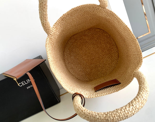 borsa a secchiello in paglia Teen Triomphe 23cm in rafia marrone vitello