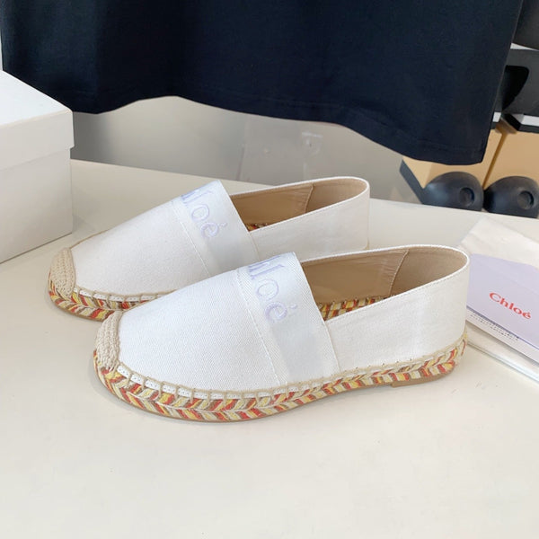 MOCASSINI CHLOÉ IN DENIM BIANCO E RAFIA INTRECCIATA