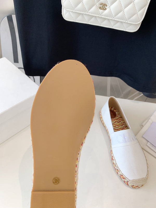 MOCASSINI CHLOÉ IN DENIM BIANCO E RAFIA INTRECCIATA