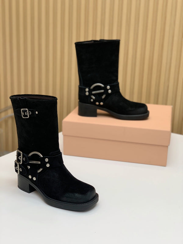 Miu Miu Biker Mid-Length Boots Black Suede 535196
