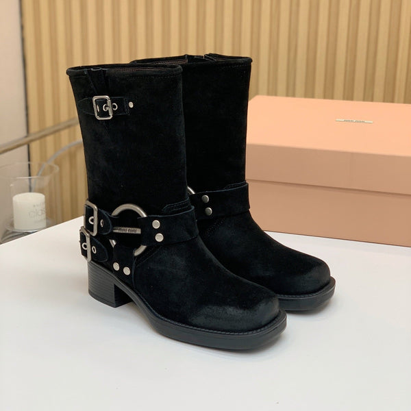 Miu Miu Biker Mid-Length Boots Black Suede 535196