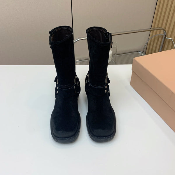 Miu Miu Biker Mid-Length Boots Black Suede 535196