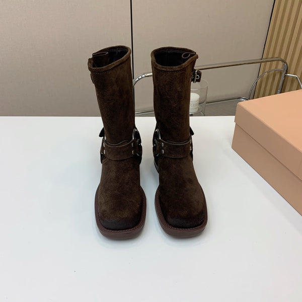 Miu Miu Biker Mid-Length Boots Brown Suede 535197