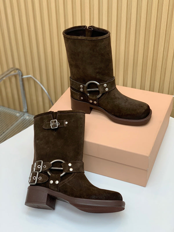 Miu Miu Biker Mid-Length Boots Brown Suede 535197