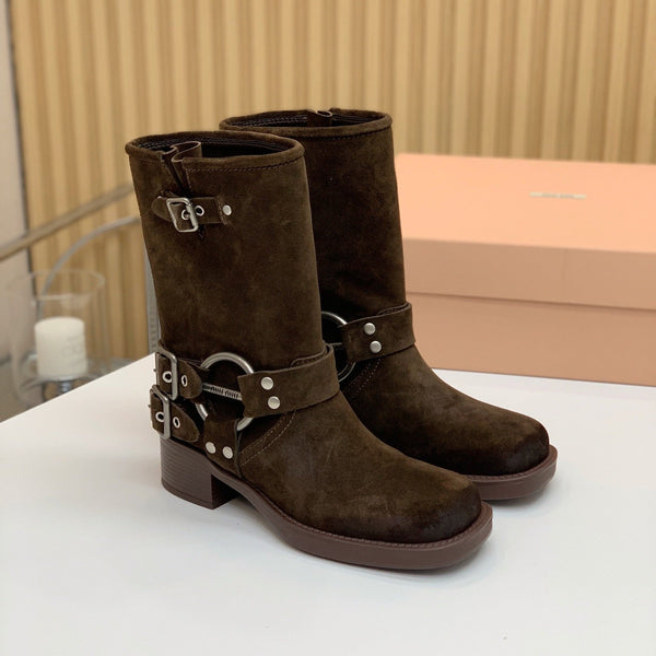 Miu Miu Biker Mid-Length Boots Brown Suede 535197