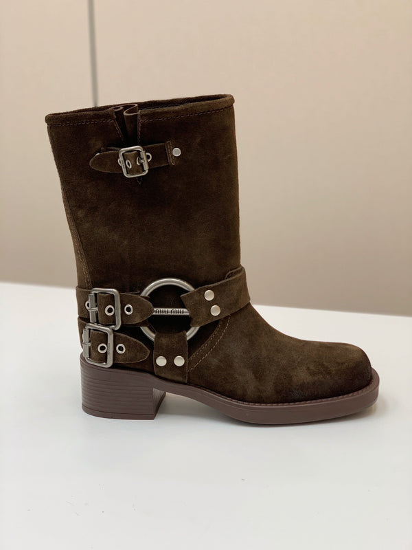 Miu Miu Biker Mid-Length Boots Brown Suede 535197
