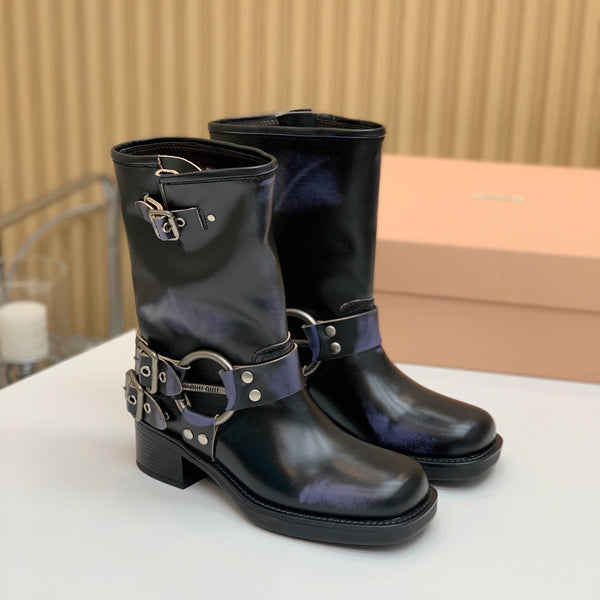 Miu Miu Biker Mid-Length Boots Black Leather 535199
