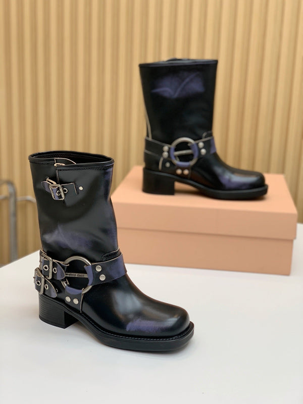 Miu Miu Biker Mid-Length Boots Black Leather 535199