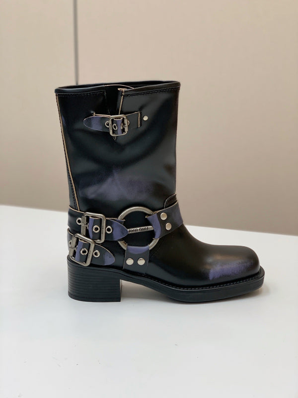 Miu Miu Biker Mid-Length Boots Black Leather 535199