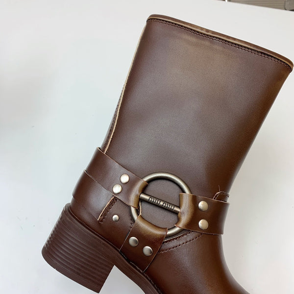 Miu Miu Biker Mid-Length Boots Brown Leather 535198