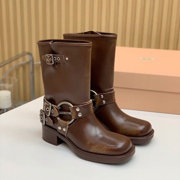 Miu Miu Biker Mid-Length Boots Brown Leather 535198