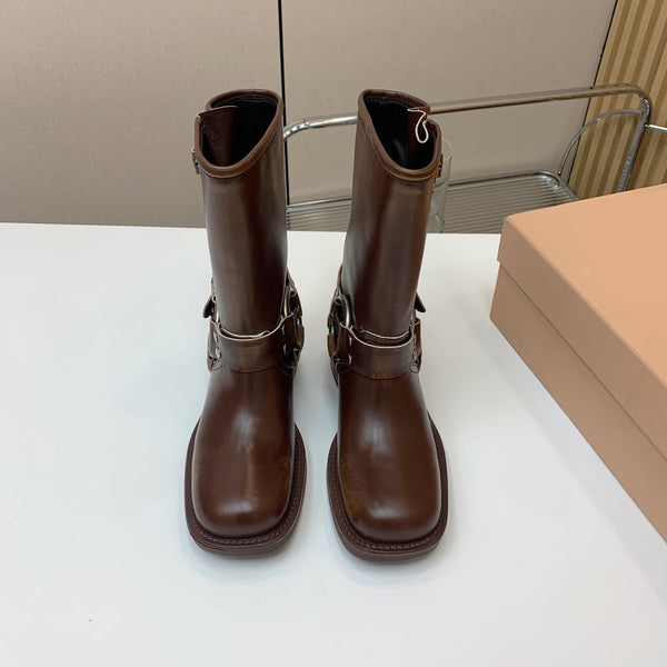 Miu Miu Biker Mid-Length Boots Brown Leather 535198