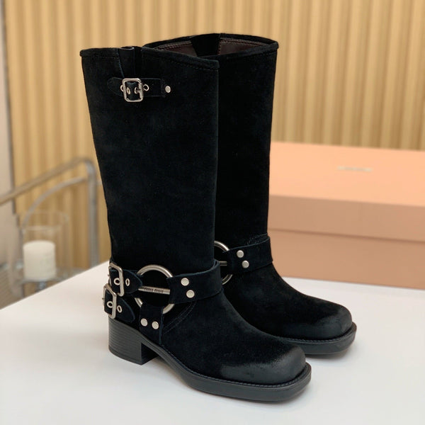 Miu Miu Biker Retro-Style Long Boots Boots Black Suede 535200