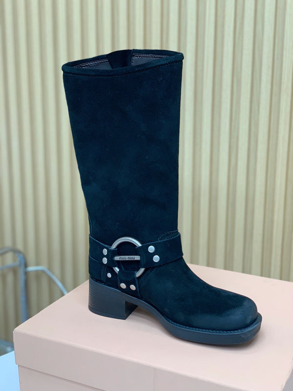 Miu Miu Biker Retro-Style Long Boots Boots Black Suede 535200