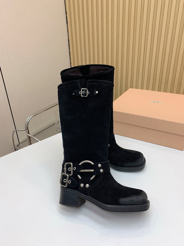 Miu Miu Biker Retro-Style Long Boots Boots Black Suede 535200