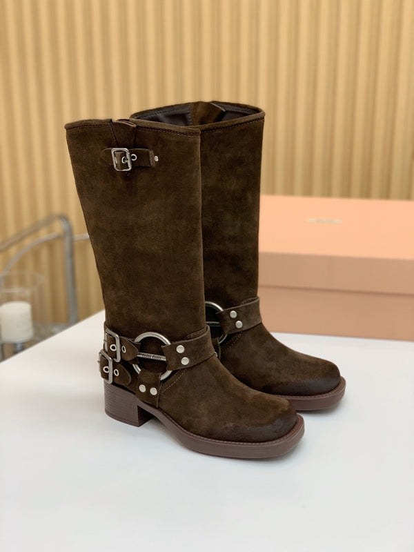 Miu Miu Biker Retro-Style Long Boots  Brown Suede 535201