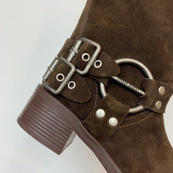 Miu Miu Biker Retro-Style Long Boots  Brown Suede 535201
