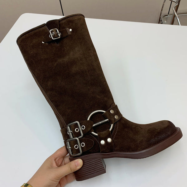 Miu Miu Biker Retro-Style Long Boots  Brown Suede 535201