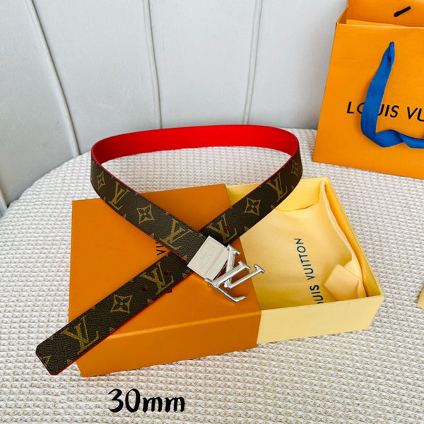 LV Initiales 30mm Reversible Belt Silver Rotating Buckle Red Brown Leather
