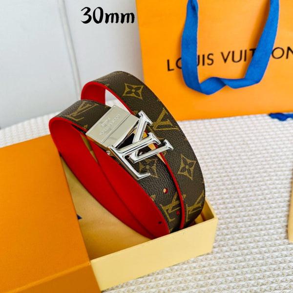 LV Initiales 30mm Reversible Belt Silver Rotating Buckle Red Brown Leather