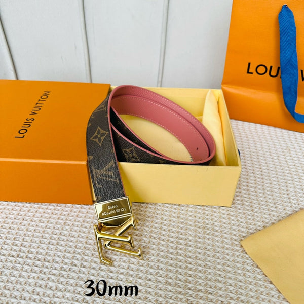 LV Initiales 30mm Reversible Belt Gold Rotating Buckle Pink Brown Leather