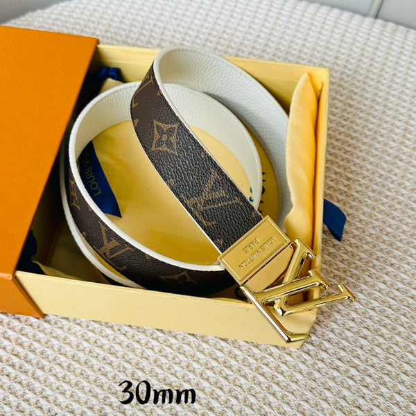 LV Initiales 30mm Reversible Belt Gold Rotating Buckle White Brown Leather