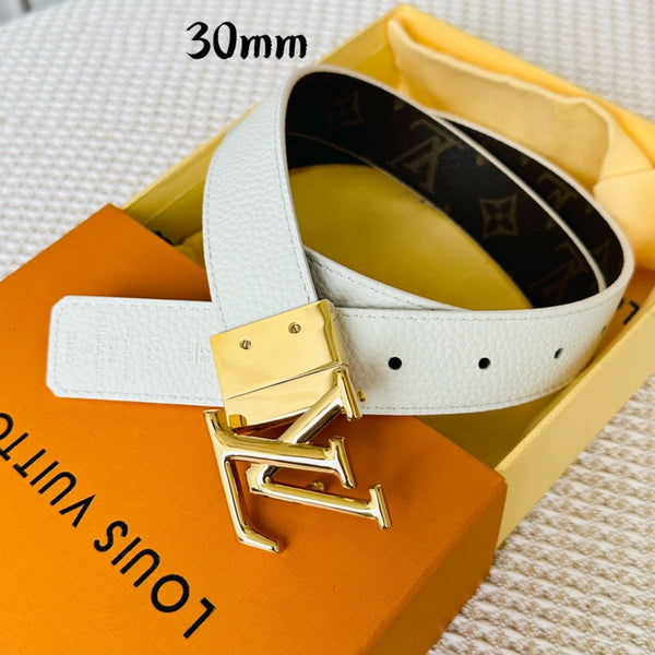 LV Initiales 30mm Reversible Belt Gold Rotating Buckle White Brown Leather