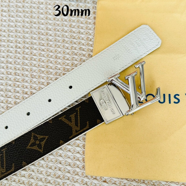 LV Initiales 30mm Reversible Belt Silver Rotating Buckle White Brown Leather