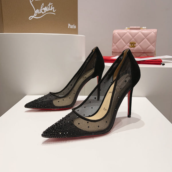 CL Follies Strass Pumps Mesh and Veau Velours Black