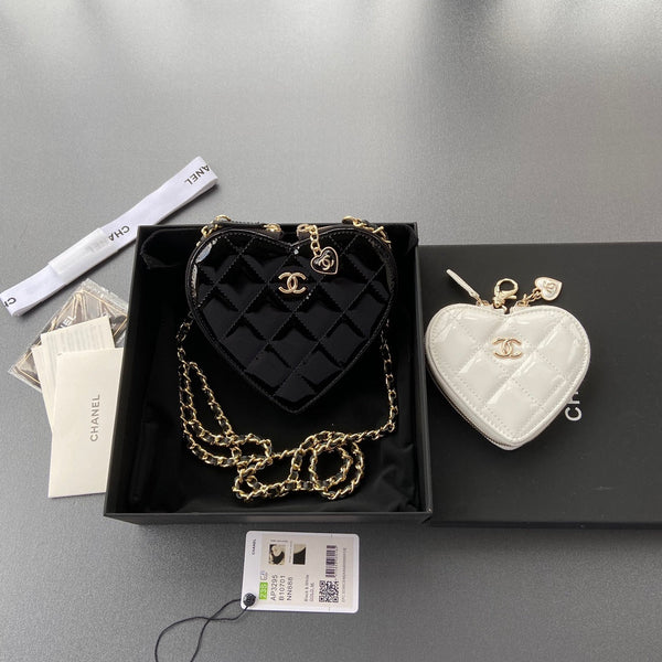 CC Double Heart Shoulder Bags 15cm  Black White Patent Leather GHW 235113