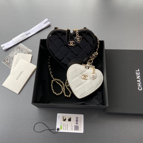 CC Double Heart Shoulder Bags 15cm  Black White Patent Leather GHW 235113