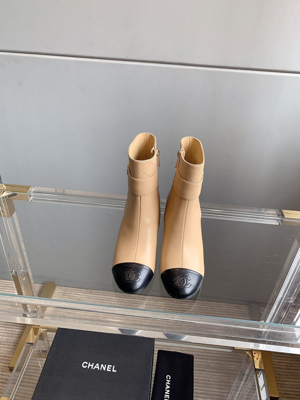 Stivaletti con punta quadrata CC 70mm Beige Nero Pelle di vacchetta 464565