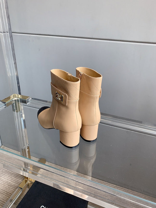 Stivaletti con punta quadrata CC 70mm Beige Nero Pelle di vacchetta 464565