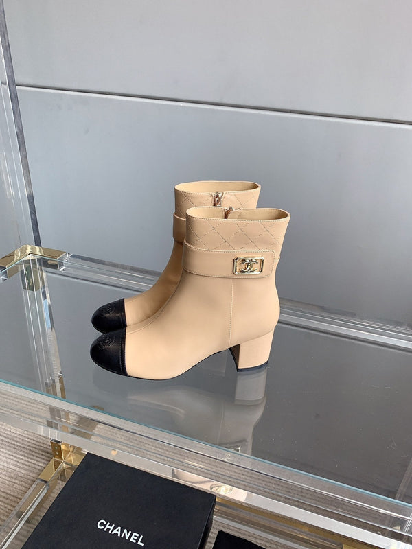 Stivaletti con punta quadrata CC 70mm Beige Nero Pelle di vacchetta 464565