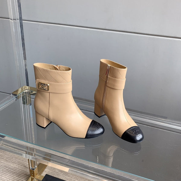 Stivaletti con punta quadrata CC 70mm Beige Nero Pelle di vacchetta 464565