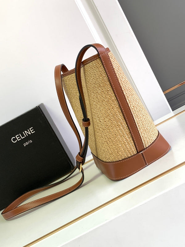 PICCOLO SECCHIELLO CUIR TRIOMPHE 22CM IN TESSUTO A RIGHE E PELLE DI VITELLO TAN