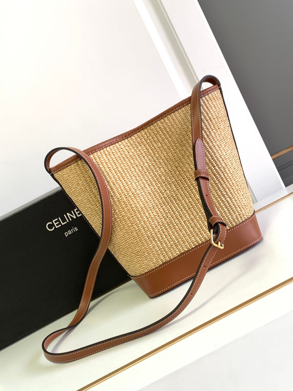PICCOLO SECCHIELLO CUIR TRIOMPHE 22CM IN TESSUTO A RIGHE E PELLE DI VITELLO TAN
