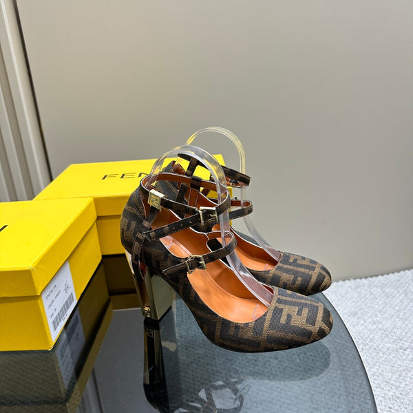 FENDI DELFINA HIGH-HEELED 85 MM SANDAL IN BROWN MONOGRAM FF CANVAS