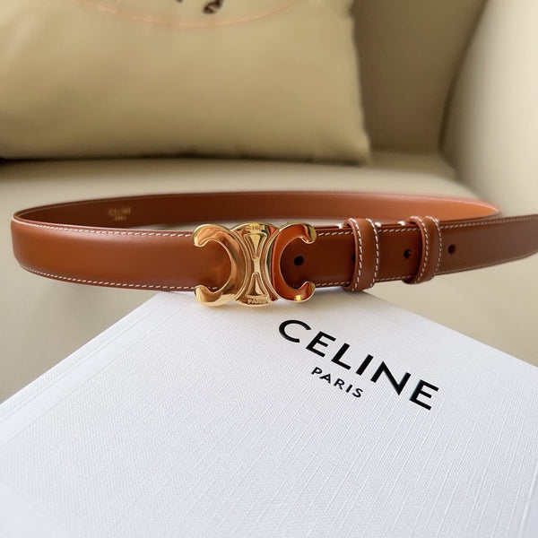 Medium Triomphe Belt 25mm Tan Calfskin White Line Finishing Ghw