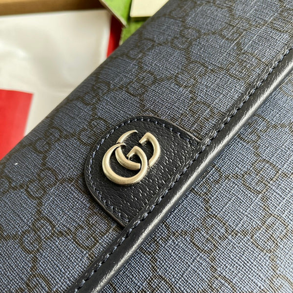 BORSA DA MARSUPIO PICCOLA OPHIDIA 23 IN TELA MONOGRAMMA BLU SCURO E FINITURE IN PELLE DI AGNELLO NERA
