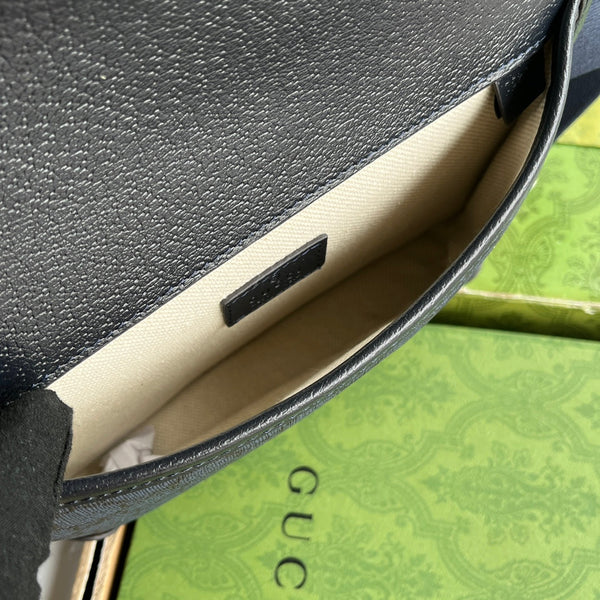 BORSA DA MARSUPIO PICCOLA OPHIDIA 23 IN TELA MONOGRAMMA BLU SCURO E FINITURE IN PELLE DI AGNELLO NERA